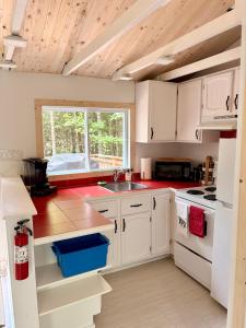 a kitchen with white cabinets and a sink at L'Opie in Saint Adolphe D'Howard