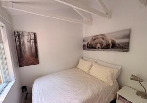 a bedroom with a bed with a picture of a bear on the wall at L'Opie in Saint Adolphe D'Howard