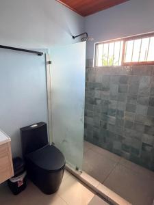 a bathroom with a toilet and a glass shower at El Refugio de Montenegro in Montenegro