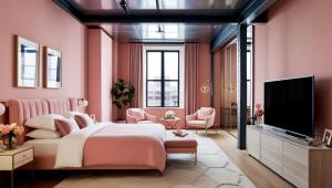 a pink bedroom with a bed and a tv at Hotel Volga EGG Grand Inn Near Delhi Airport in New Delhi