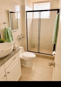 a bathroom with a toilet and a sink and a shower at Airhome free shuttle in Panama City