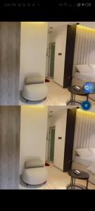 two pictures of a room with a table and a chair at Damah's property in Gwarinpa