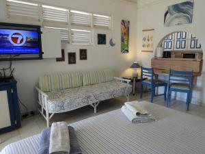 a living room with a couch and a tv on the wall at Green Garden Apartment in Christ Church