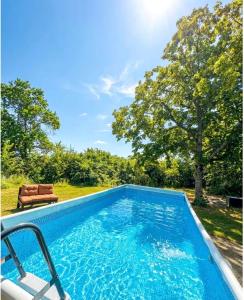 a swimming pool with a chair and trees in the background at Le Cottage in Aguts