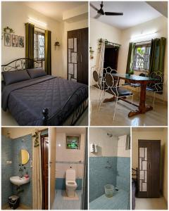 a collage of photos of a bedroom with a bed and a bathroom at Casa Neo villa Vagator in Anjuna