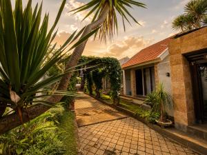 a courtyard of a house with a palm tree at Pondok DlodPoh in Karangasem