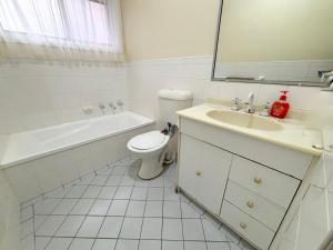 a bathroom with a sink and a toilet and a mirror at Chalkers Unit - Bring your own linen in South West Rocks +4 photos
