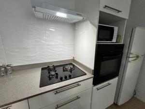 a small kitchen with a stove and a refrigerator at Charming house in a natural setting in Sainte-Rose