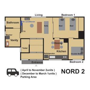 a floor plan of a caravan with a parking area at NORD 2 自然豊かな家 - Manji Village - 54m2 in Iwamizawa