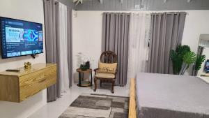 a bedroom with a bed and a tv and a chair at Lorenton Hideaway Studio in Lucea