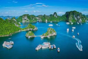 an aerial view of a harbor with boats in the water at Khu tham quan du lịch in Nam Tu Liem