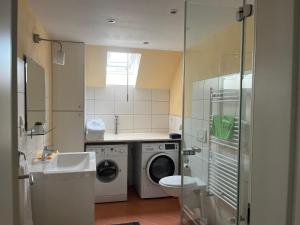 a bathroom with a washing machine and a sink at Auszeit im Hunsrück in Braunshorn