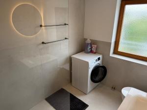a bathroom with a washing machine and a window at Modernes Apartment mit Balkon in Wutöschingen +5 photos