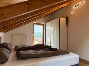 a bedroom with a large bed and a large window at Modernes Apartment mit Balkon in Wutöschingen