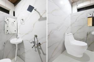 two pictures of a bathroom with a toilet and a sink at Hotel O Uttaranchal University Dehradun in Jhājra