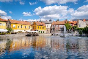 a view of a river in a city with buildings at Templomdomb Apartmanház in Tapolca