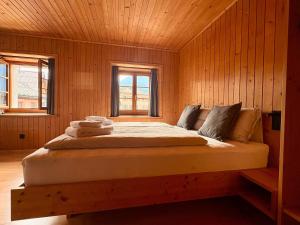 a bed in a wooden room with a window at Pensiunina - Pension - Sent in Sent