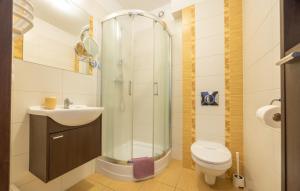 a bathroom with a shower and a toilet and a sink at Villa Laguna in Rowy +17 photos