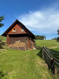 a barn in the middle of a field at Jakobihütte in Sankt Margarethen bei Knittelfeld