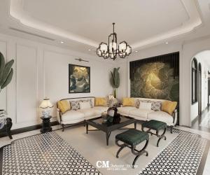 a living room with white furniture and a chandelier at Grand KAS Premium Hotel & Sky Bar in Ho Chi Minh City