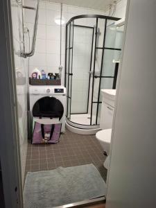 a bathroom with a shower and a sink and a toilet at Jyrängön Helmi in Heinola +17 photos