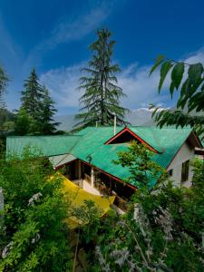 a green roof on a house with trees at Tora House in Nagar