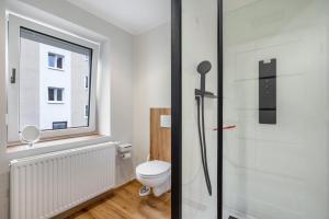 a bathroom with a toilet and a window at Ferienhaus Nala Görlitz in Görlitz +46 photos