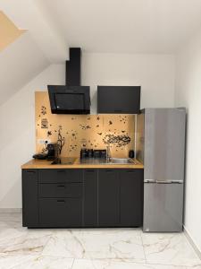 a kitchen with a stainless steel refrigerator and a sink at La Dolce Vita in Piran