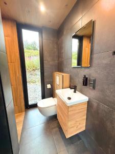 a bathroom with a toilet and a sink and a mirror at Brygga på Dønna in Berfjorden +80 photos