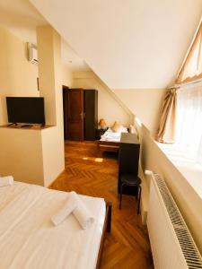 a room with a bed and a desk with a television at Ezüstfenyő Hotel in Telkibánya