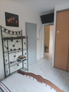 a room with a bed and a shelf with books at Les 2 Chênes in Saumur