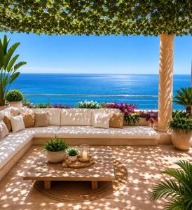 a couch on a patio with the ocean in the background at Sensia Mediterranean Escape in Aouchtame