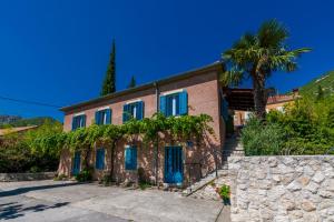 a house with blue windows and a palm tree at Villa Balic in Gruda