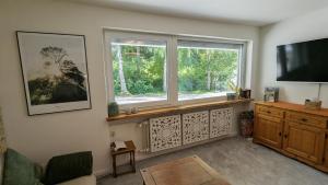 a living room with a window and a television at Forest Lodge - perfekt für Familien und Freunde in Bayerisch Eisenstein