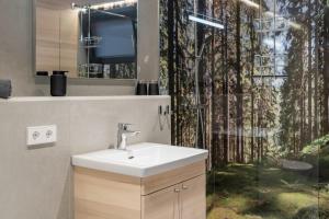 a bathroom with a sink and a shower with a window at Ferienwohnung Carolin in Dornstetten +24 photos