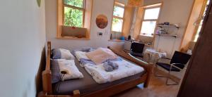 a bedroom with two beds in a room with windows at Kamer op de wierde Rottum in Rottum