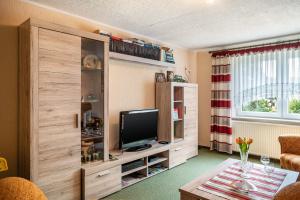 a living room with a tv and a cabinet at Ferienwohnung Stoll in Brüel in Brüel