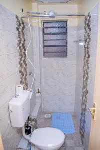a bathroom with a toilet and a shower with a window at bluemoon in Watamu