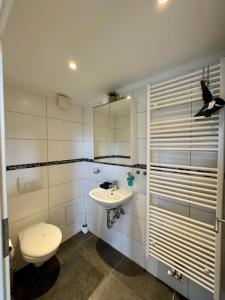 a white bathroom with a toilet and a sink at Gemütliches Apartment in zentral mit Balkon in Bremen