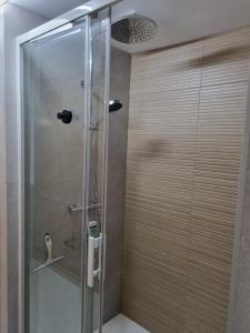 a shower with a glass door in a bathroom at pas de nom in Rosenwiller
