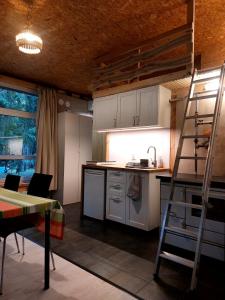 a kitchen with white cabinets and a ladder in it at Apartament WERANDA in Paplin