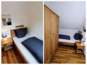 a bedroom with a bed and a wooden cabinet at Doppelhaushaelfte-Luette-Sprotte in Böhl +30 photos