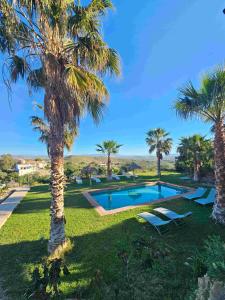 a swimming pool in a yard with palm trees at B&B La Nava Suites in Mojácar