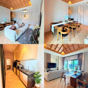 a collage of four pictures of a kitchen and a living room at Nue Hatyai Pool Villa 147 in Songkhla