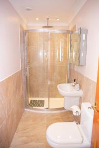 a bathroom with a shower and a toilet and a sink at 3 Bedroom luxury home, hot tub, stunning views of Killin, sitting on the River Dochart in Killin +17 photos
