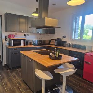Eine Küche mit einer Kücheninsel mit Spüle und Barhockern in der Unterkunft La Petite Maison de Vernon-Giverny, gîte cosy avec jardin à 7 min de Giverny, Sauna, Wifi, parking gratuit dans la rue, calme in Vernon