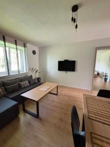a living room with a couch and a table at Domek Wśród Pisarzy in Strawczynek