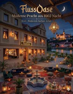a poster of a hotel with a patio with lights at Hotel Fluss Oase - Feldschlößchen in Weißenfels