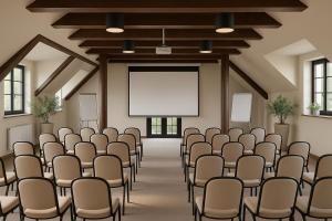 an empty room with chairs and a blank screen at Resort Klewinowo in Klewinowo
