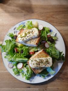 a plate of fish and a salad with lettuce at Ferme de la Rose in Rosans +32 photos